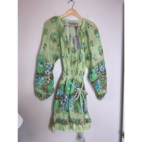 NWT Alemais Velma Lined V-Neckline A-Line Balloon Sleeve Mini Dress Green Size:4 - Picture 2 of 8